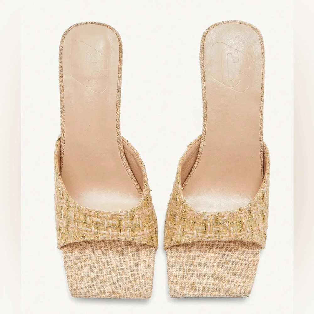 🆕 Square Toe Tweed / Linen Mule  Sandals - Picture 7 of 9